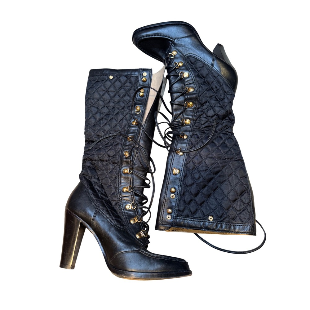 Michael Kors Black Quilted Leather Lace Up High Heel Boots‎ Womens 8M Gold